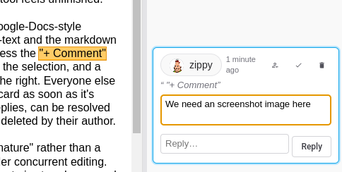 A highlighted phrase in a Notebooks note, with a comment card in the margin beside it showing the author, the quoted text, the comment, and a reply box