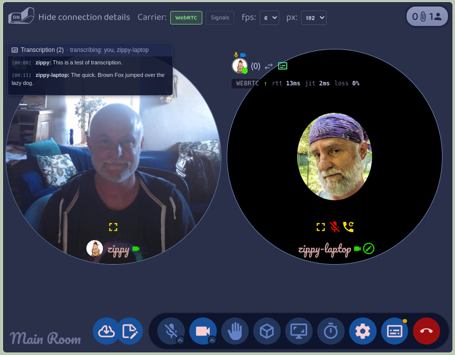 A Presence call between two people with the transcript open over one tile, showing a line from each speaker and a header reading transcribing: you, zippy-laptop