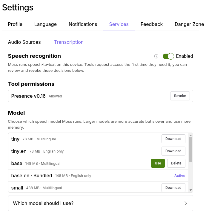 The Transcription tab under Settings → Services in Moss, with the Enabled switch, a list of tool permissions showing Presence as allowed, and a list of speech models to choose from