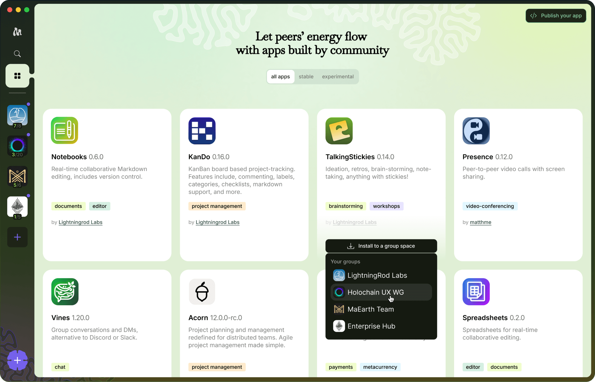The Moss tool library, showing tool cards with an Install to a group space button and a menu listing the user's groups